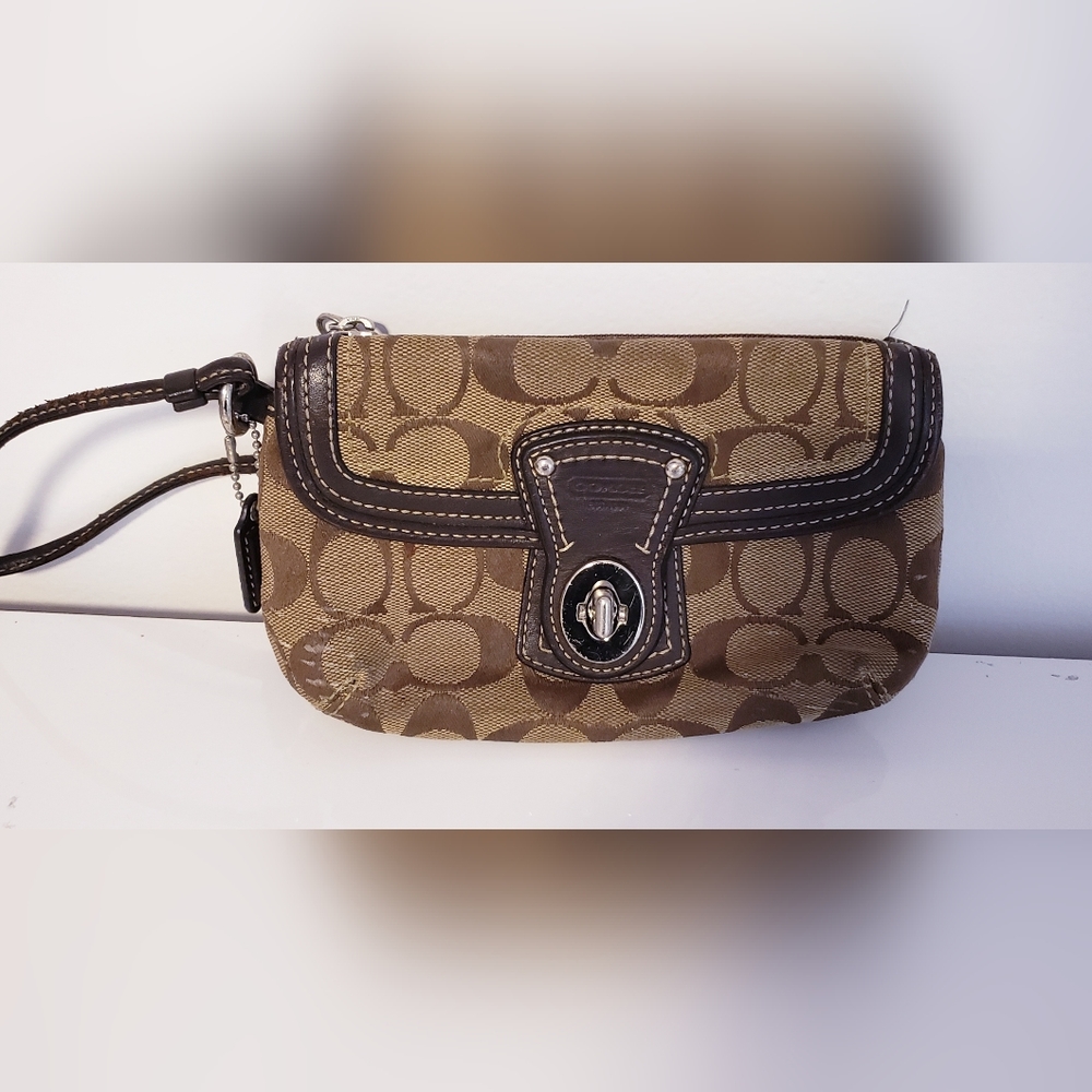 Coach Canvas Wallet Signature C Imprint Brown Leather Trim 